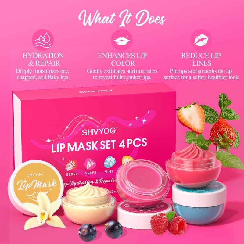 SHVYOG 4 Pack Lip Mask Set, Hydrating Lip Mask Overnight - Berry, Grape, Mint, Vanilla Flavors, Lip Sleeping Mask Nourish Lip Balm with Vitamin C & Shea Butter | Dry Lips Care Gift - Image 3